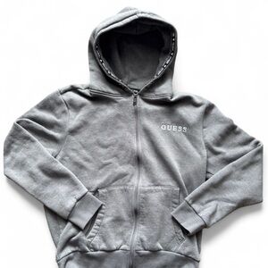 Guess Grey Zip Up Hoodie Embroidered Logo Size Medium
